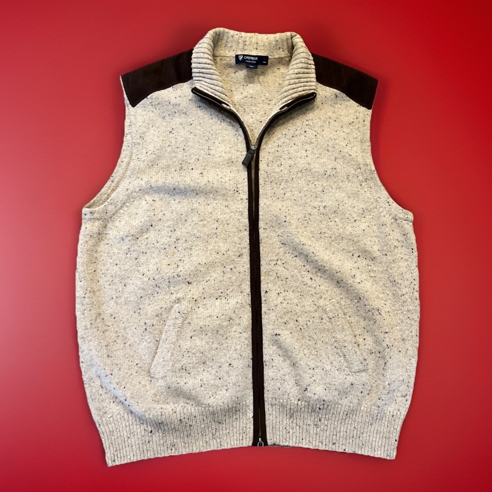 Cremieux Wool Blend Full Zip Vest Shoulder Patch Mens XL Beige Oatmeal Sweater